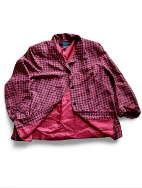 SilkLand Vintage 100% Silk Red & Black Houndstooth Cropped Jacket